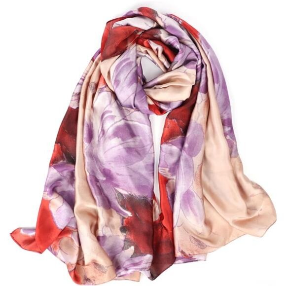 Silk Feeling Long Scarf Red Flower - Picture 1 of 7
